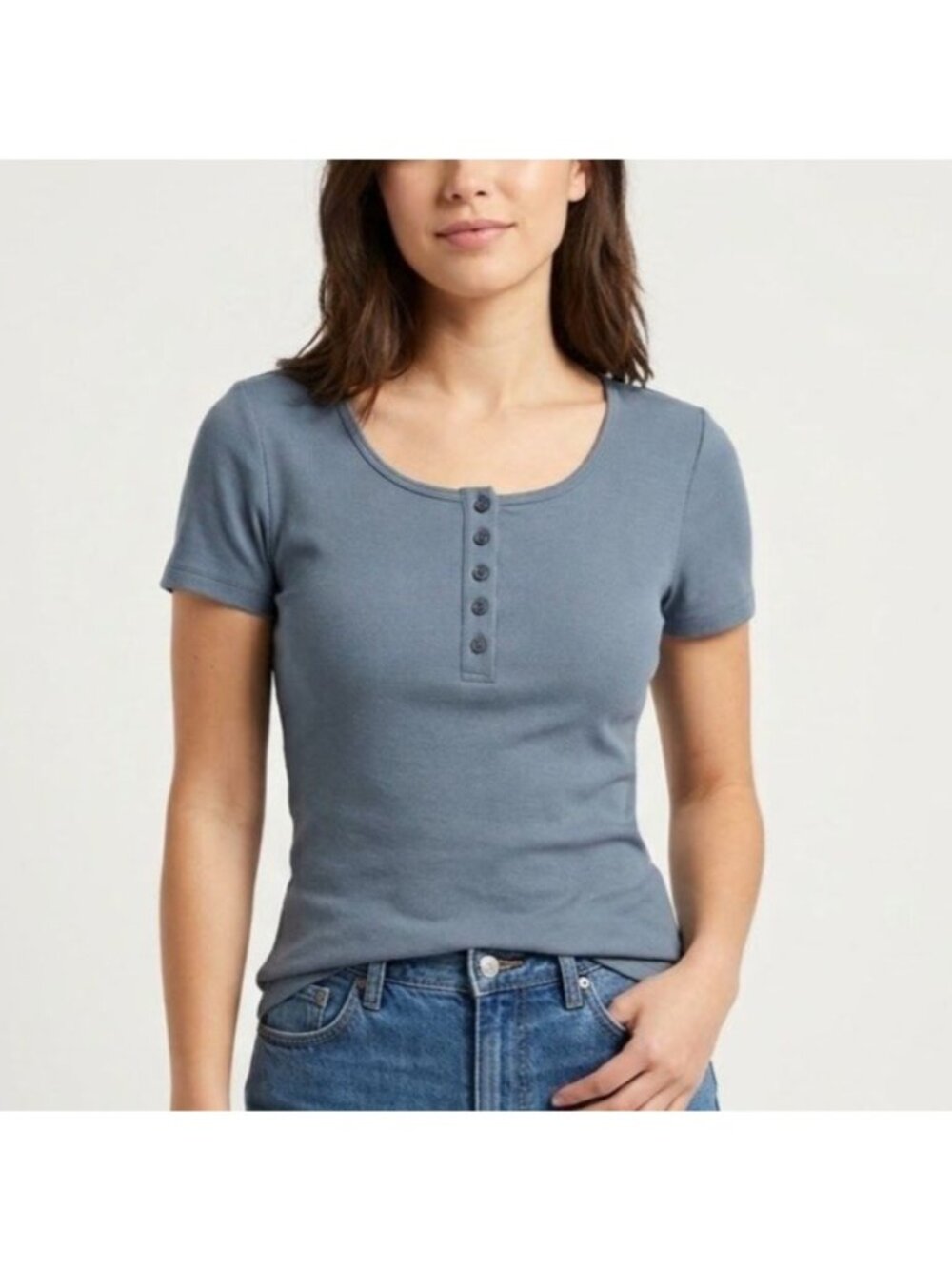 Trendy Size Small Gray Cotton Blend Short Sleeve Scoop Neck Henley T-Shirt Top